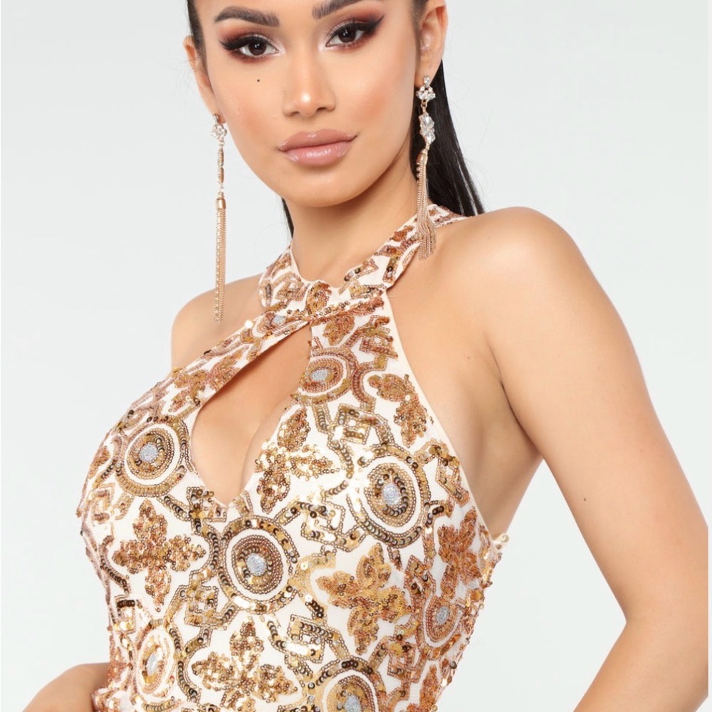 Fashion Nova One-Shoulder Sequin Embellished Dress in Champagne